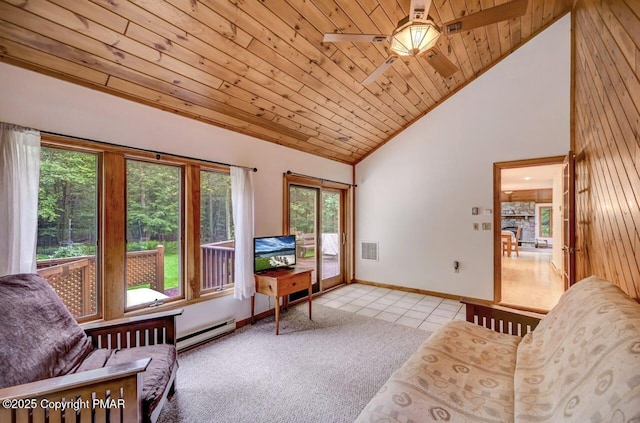 living area featuring wood ceiling, a baseboard radiator, high vaulted ceiling, and light colored carpet