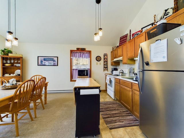 135 Tomhickon Trl, Pocono Lake, PA 18347 - kitchen featuring freestanding refrigerator, electric stove, light countertops, a center island, and brown cabinetry