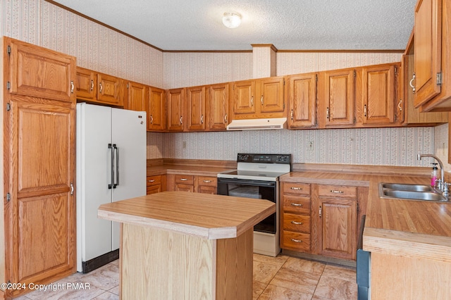 kitchen featuring freestanding refrigerator, a sink, electric range, and wallpapered walls