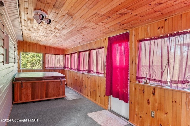 unfurnished bedroom with carpet floors, wood ceiling, and wooden walls