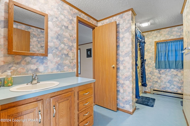 full bath featuring a baseboard radiator, a textured ceiling, and wallpapered walls