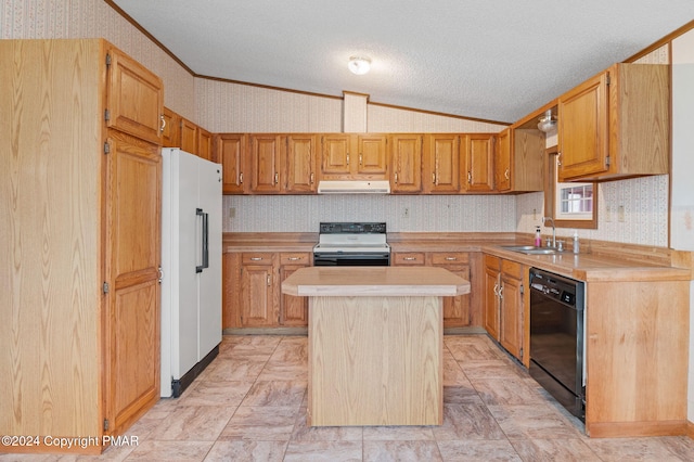 kitchen with black dishwasher, stainless steel electric stove, freestanding refrigerator, under cabinet range hood, and wallpapered walls