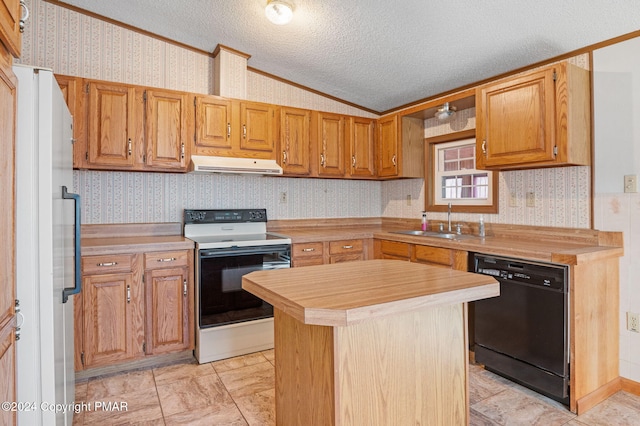 kitchen with black dishwasher, range with electric stovetop, wallpapered walls, vaulted ceiling, and exhaust hood