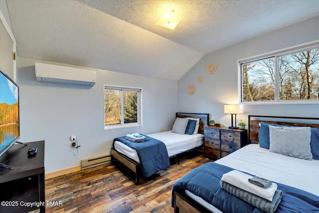 bedroom featuring dark wood-type flooring, a wall mounted air conditioner, vaulted ceiling, a textured ceiling, and a baseboard heating unit