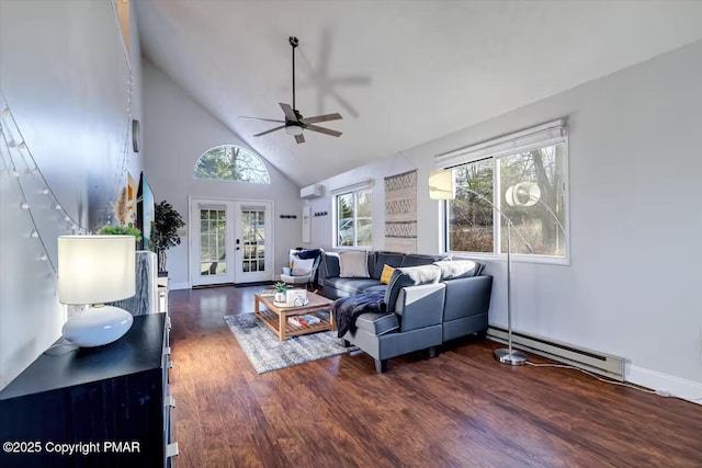 living room with french doors, high vaulted ceiling, baseboard heating, dark hardwood / wood-style flooring, and ceiling fan