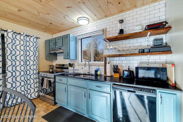 kitchen featuring sink, wood ceiling, black appliances, and backsplash