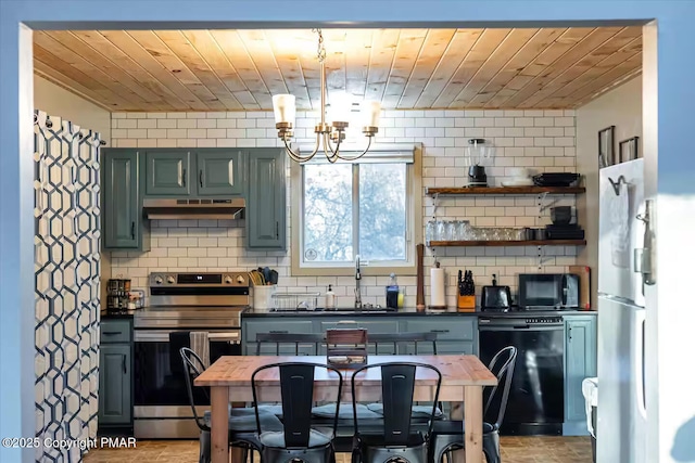 kitchen with black dishwasher, electric range, freestanding refrigerator, wood ceiling, and under cabinet range hood