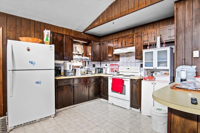 8062 Red Squirrel Dr, Tobyhanna, PA 18466 - kitchen featuring under cabinet range hood, white appliances, wood walls, light countertops, and light floors