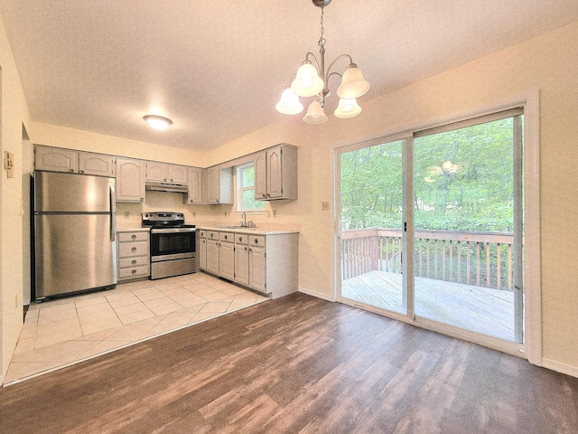 1169 Hunters Woods Dr, East Stroudsburg, PA 18301 - kitchen with appliances with stainless steel finishes, a sink, gray cabinets, light countertops, and a textured ceiling