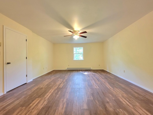 1169 Hunters Woods Dr, East Stroudsburg, PA 18301 - empty room featuring baseboard heating, dark wood-style flooring, ceiling fan, and baseboards