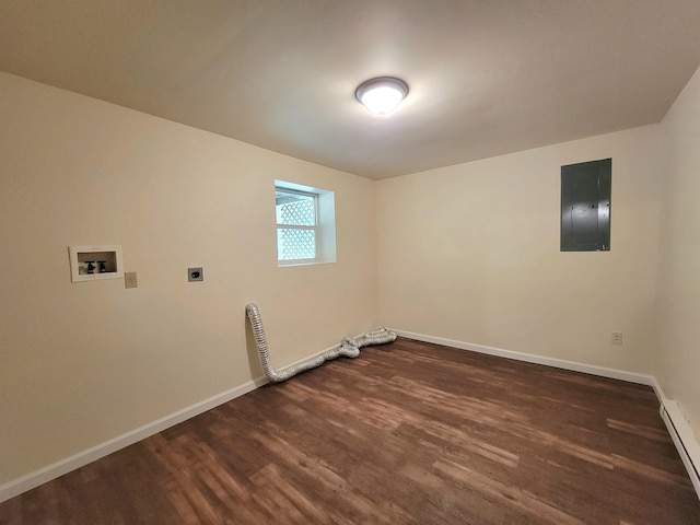 1169 Hunters Woods Dr, East Stroudsburg, PA 18301 - washroom featuring electric panel, dark wood-style floors, baseboard heating, baseboards, and electric dryer hookup