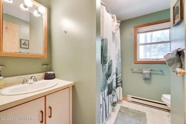 bathroom with toilet, curtained shower, baseboard heating, and vanity