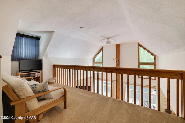 additional living space featuring a textured ceiling, carpet floors, lofted ceiling, and a ceiling fan