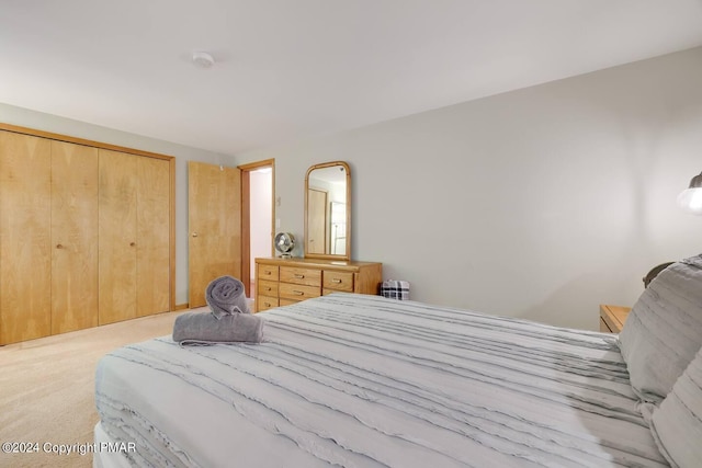 bedroom featuring light carpet and a closet