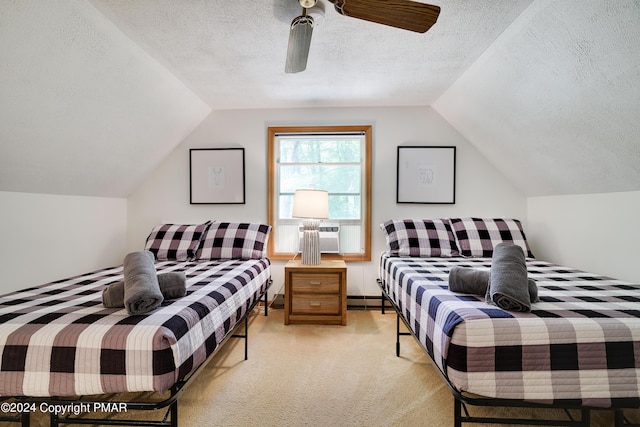 bedroom with a textured ceiling, vaulted ceiling, and light colored carpet