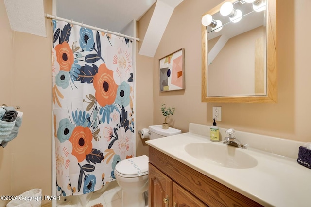 bathroom with a shower with shower curtain, vanity, toilet, and tile patterned floors