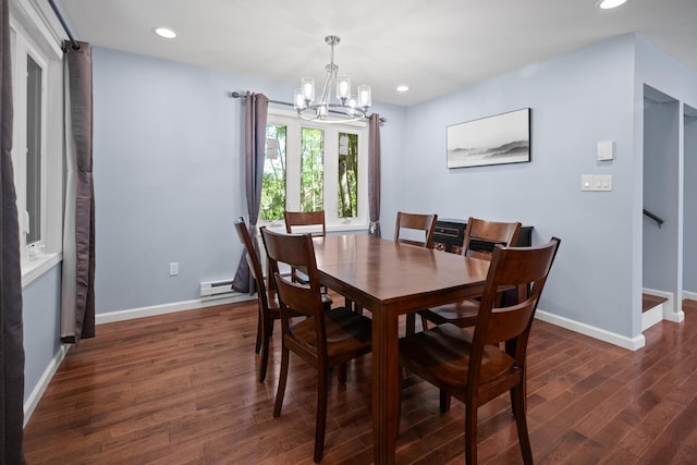 4169 Hemlock Trl, Pocono Pines, PA 18350 - dining space with baseboard heating, a chandelier, wood finished floors, recessed lighting, and baseboards