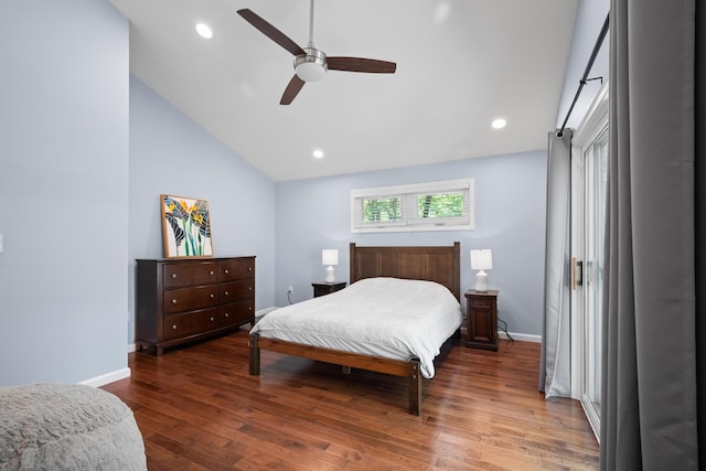 4169 Hemlock Trl, Pocono Pines, PA 18350 - bedroom with wood finished floors, baseboards, recessed lighting, a ceiling fan, and high vaulted ceiling