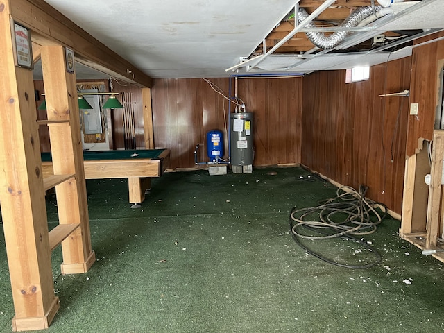 1227 Alder Rd, East Stroudsburg, PA 18302 - basement with billiards, water heater, wood walls, and carpet floors