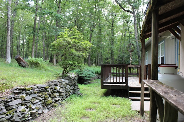 5147 Arrowhead Ln, East Stroudsburg, PA 18302 - view of yard featuring a wooden deck and a view of trees