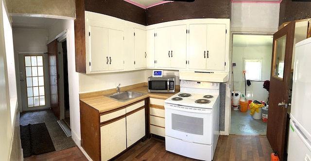 247 Buck Blvd, White Haven, PA 18661 - kitchen with white electric range oven, a sink, light countertops, stainless steel microwave, and refrigerator