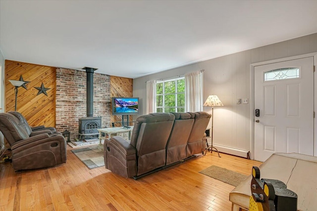 275 Selig Rd, Pocono Lake, PA 18347 - living room with a wood stove, a baseboard radiator, light wood-style floors, and wooden walls