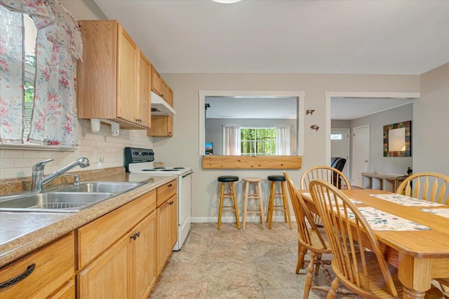 275 Selig Rd, Pocono Lake, PA 18347 - kitchen with electric range, decorative backsplash, under cabinet range hood, and light countertops
