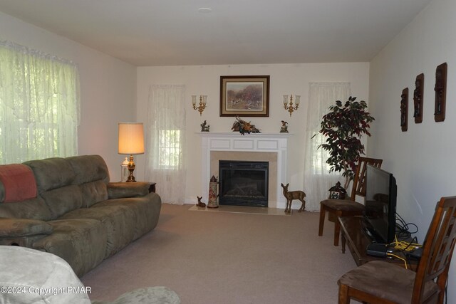 living room with a fireplace with flush hearth and carpet floors