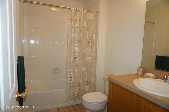 full bathroom with shower / bathtub combination with curtain, toilet, and vanity