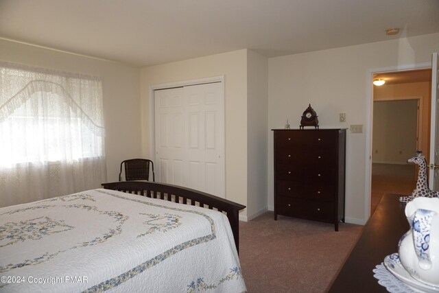 carpeted bedroom with baseboards and a closet