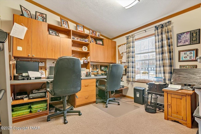 carpeted home office featuring a textured ceiling and crown molding