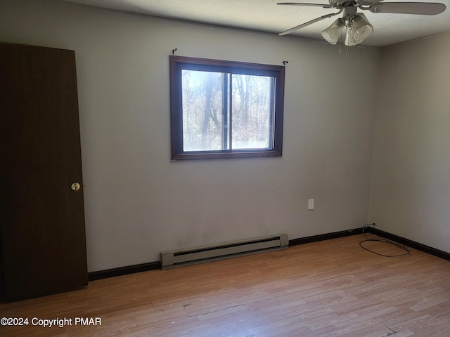 2153 Gravel Rd, Canadensis, PA 18325 - spare room with light wood finished floors, a baseboard radiator, baseboards, and ceiling fan