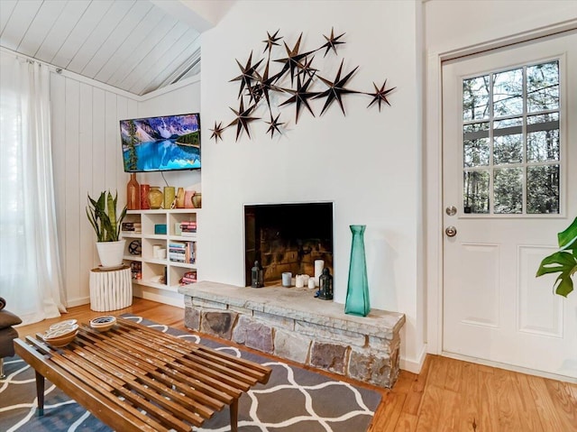 1109 Cedar Knoll Way, Pocono Pines, PA 18350 - living room with wood finished floors, lofted ceiling, and wooden ceiling