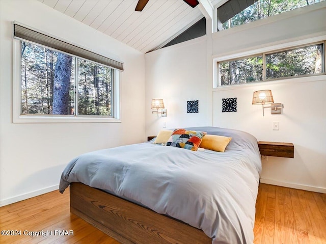 1109 Cedar Knoll Way, Pocono Pines, PA 18350 - bedroom with wood finished floors, wooden ceiling, and a ceiling fan