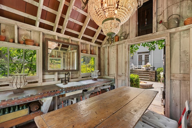282 Crabapple Ln, East Stroudsburg, PA 18302 - dining area with lofted ceiling and a chandelier