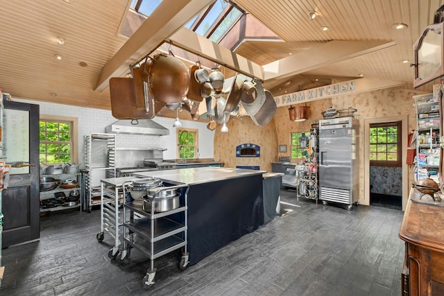 282 Crabapple Ln, East Stroudsburg, PA 18302 - kitchen featuring wooden ceiling, refrigerator, a kitchen island, dark wood finished floors, and healthy amount of natural light