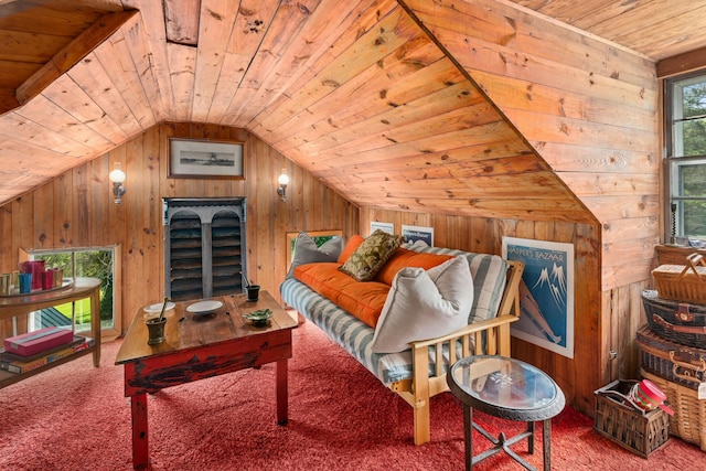 282 Crabapple Ln, East Stroudsburg, PA 18302 - carpeted bedroom featuring wooden ceiling, wooden walls, and lofted ceiling