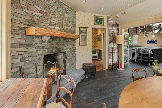 282 Crabapple Ln, East Stroudsburg, PA 18302 - dining room featuring vaulted ceiling, wood finished floors, wood ceiling, a fireplace, and recessed lighting