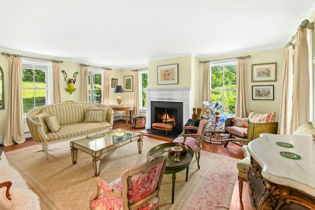 282 Crabapple Ln, East Stroudsburg, PA 18302 - living room featuring a lit fireplace, wood finished floors, ornamental molding, and baseboard heating