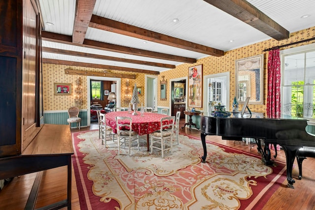 282 Crabapple Ln, East Stroudsburg, PA 18302 - dining space featuring wallpapered walls, wood finished floors, beam ceiling, and wainscoting
