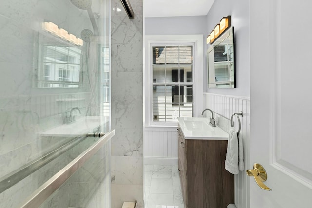282 Crabapple Ln, East Stroudsburg, PA 18302 - bathroom featuring marble finish flooring, vanity, and a marble finish shower