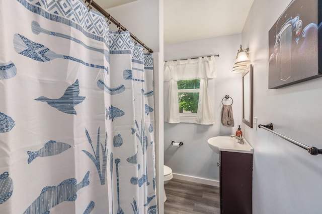 490 Richmond Rd, Bangor, PA 18013 - bathroom featuring baseboards, toilet, vanity, wood finished floors, and a shower with curtain