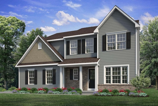 view of front of house featuring stone siding, a front lawn, roof with shingles, and a porch