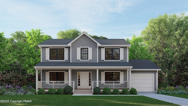 view of front of property with a porch, a garage, a front lawn, and concrete driveway