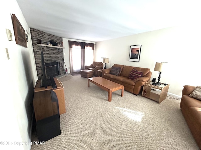 carpeted living room featuring a fireplace