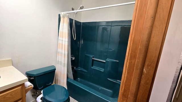 full bath featuring shower / bathtub combination with curtain, toilet, and vanity