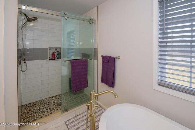 full bath featuring a freestanding tub and a shower stall