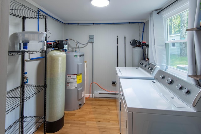 115 Squaw Trl, Pocono Lake, PA 18347 - laundry room with washing machine and dryer, electric water heater, light wood-type flooring, and a baseboard radiator
