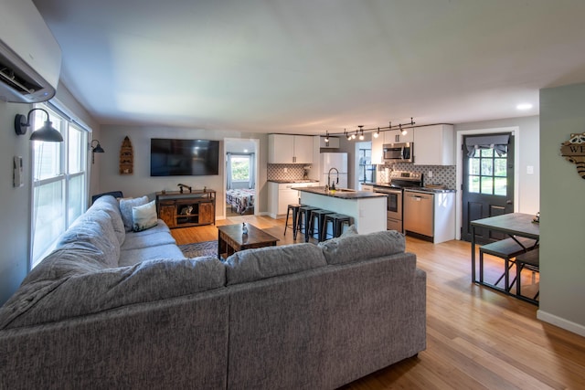 115 Squaw Trl, Pocono Lake, PA 18347 - living room featuring a wall mounted AC, light wood-style flooring, and rail lighting