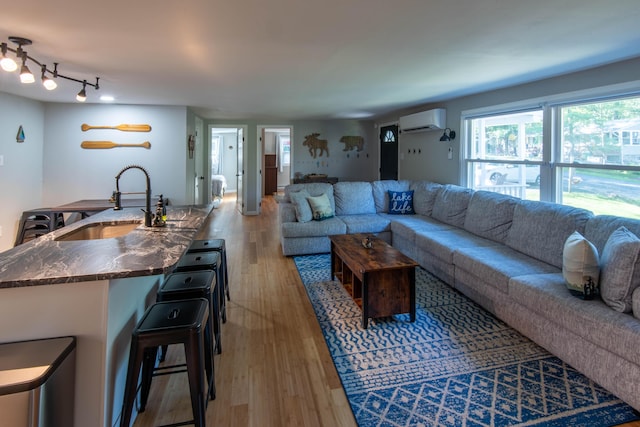 115 Squaw Trl, Pocono Lake, PA 18347 - living room featuring a wall mounted AC, light wood-style flooring, and rail lighting